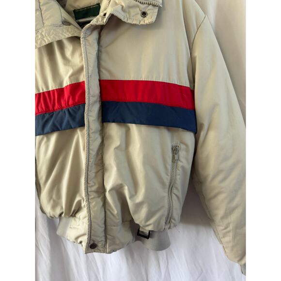 Quail Run Vintage Puffer Coat – Beige with Red and Navy Stripe – Size Medium - Picture 5 of 16